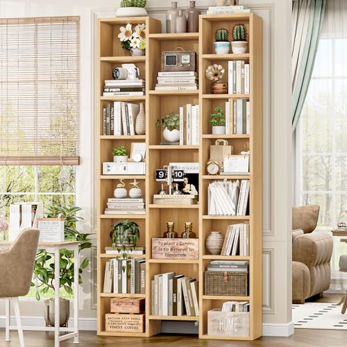 FOTOSOK 71'' H Bookshelf with 21 Cubes, Triple Wide Tall Bookshelf Natural | 8 Tier Bookcase with 8 Adjustable Shelves, Large Bookshelf DVD/CD Media Tower Storage, Freestanding Display Shelf Cabinet - color: Natural