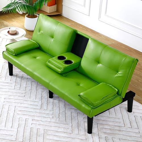 67" Futon Sofa Bed, Convertible Leather Futon Couch (Green) | Sleeper Bed Couches with Adjustable Backrest, Cup Holders, Comfy Folding Loveseat Couch for Small Spaces Living Room Office - color: Green