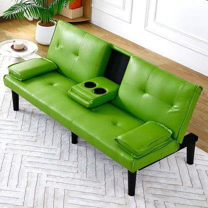 67" Futon Sofa Bed, Convertible Leather Futon Couch (Green) | Sleeper Bed Couches with Adjustable Backrest, Cup Holders, Comfy Folding Loveseat Couch for Small Spaces Living Room Office - color: Green