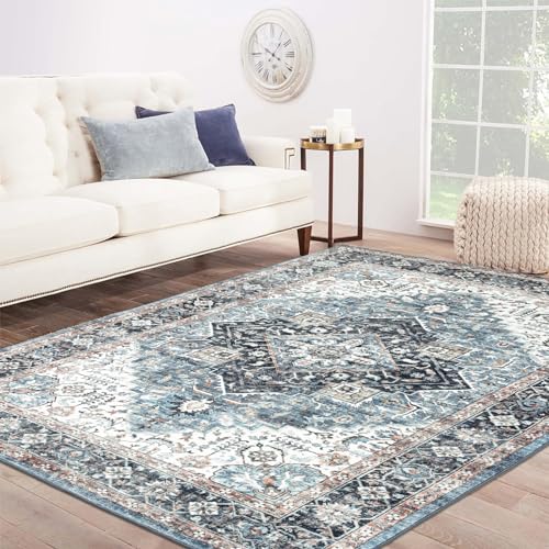 Area Rug 6×9, Large Vintage Boho Rug,Ultra-Soft Low Pile, Washable, Non Slip,Stain Resistant, Printed Carpet for Living Room Bedrooms Playroom Office Kitchen, Blue/Navy - color: Blue/Navy, size: 6' x 9' (Rectangular)