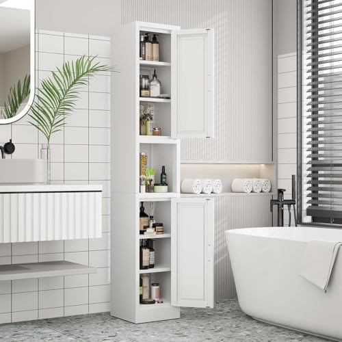 pozdeg 67" White Tall Slim Metal Bathroom Storage Cabinet | Narrow Storage Unit with 4 Adjustable Shelves, Freestanding Cupboard for Kitchen, Dining Room, Living Room & Bathroom - color: White, size: 11.81"D x 11.81"W x 67"H