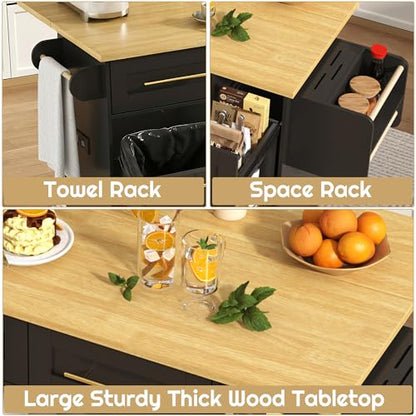 St.Mandyu 69" Large Kitchen Island on Wheels, Kitchen Rolling Island Cart with Trash Storage Cabinet, Power Outlet, 3-Tier Pull-Out Storage Trays, Drop Leaf, Mobile Island Table for Kitchen, Black - color: Black