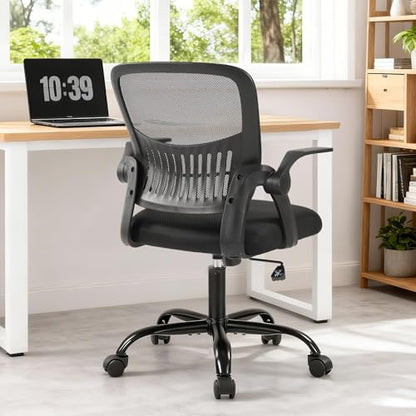 Sweetcrispy Computer Desk Chair, Home Office Chair, Lumbar Support, Black | Flip Up Armrest, Adjustable Height, 360° Swivel Wheels, Ergonomic Mesh Mid-Back, Comfy Arms Bedroom Study - color: Black, size: 18.31"D&Flip-up Arms