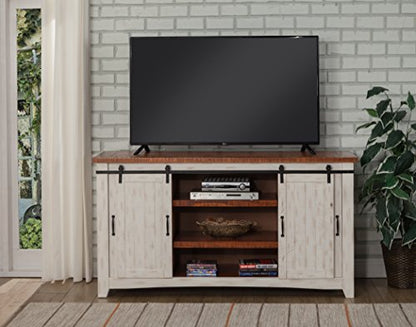 Martin Svensson Home Rustic 65" Wood Entertainment Center, White and Honey | Solid Pine, TV Stand, Sliding Doors, Adjustable Shelves & Cable Management, for TVs up to 70" - color: Antique White and Aged Distressed Pine