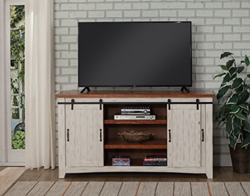 Martin Svensson Home Rustic 65" Wood Entertainment Center, White and Honey | Solid Pine, TV Stand, Sliding Doors, Adjustable Shelves & Cable Management, for TVs up to 70" - color: Antique White and Aged Distressed Pine