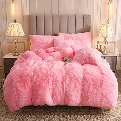 Faux Fur Velvet Fluffy Bedding Duvet Cover Set Down Comforter Quilt Cover with Pillow Shams, Ultra Soft Warm (Pink, Queen) - color: Pink, size: Queen