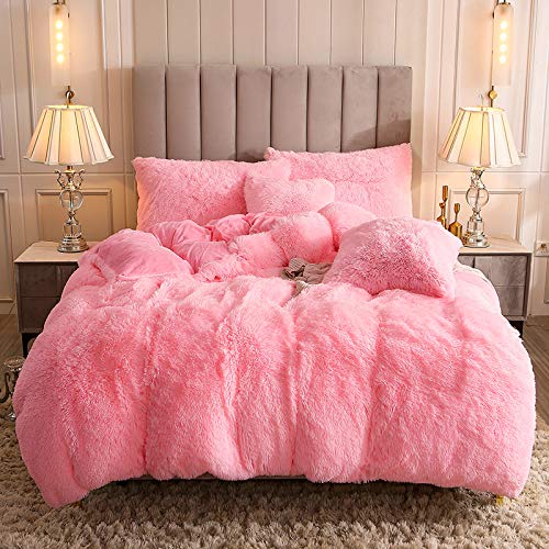 Faux Fur Velvet Fluffy Bedding Duvet Cover Set Down Comforter Quilt Cover with Pillow Shams, Ultra Soft Warm (Pink, Queen) - color: Pink, size: Queen