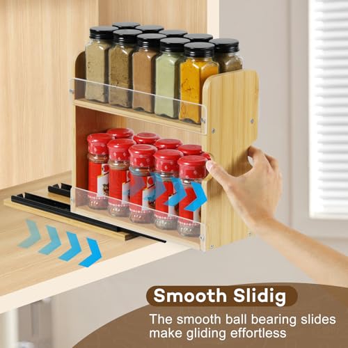 2 Tier Pull Out Spice Rack Organizer, Bamboo Sliding Spice Rack for Kitchen | Cabinet, (4.4" W x 10.6" D x 10.4" H) Spice Storage, Pantry Organization