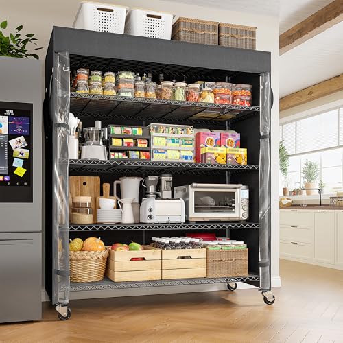 REIBII 45"W 5-Tier Storage Shelves with Cover & Wheels, 1100 lbs for pantry | 17.7''Dx72.8''H, UV/Waterproof zippered cover, Side pockets, Wheels lockable&removable, Height adjustable, Tool-free, Garage - size: 45" W x 17.72" D x 72.83" H