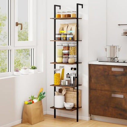 Tangkula 5-Tier Ladder Shelf, 70 Inch Wall-Mounted Open Bookshelf with Anti-Tipping Kits, Metal Frame, Industrial Display Rack Storage Vertical Bookcase for Living Room Home Office (2, Rustic Brown)