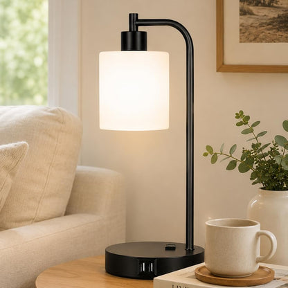 Set of 2 Industrial Touch Control Table Lamps with 2 USB Ports and AC Outlet - 3-Way Dimmable Black Bedside Lamp Nightstand Desk Lamps for Bedroom Living Room, Opal Glass Shade & 2 LED Bulbs Included - color: Black(2 pack)-Opal Glass-Touch Control
