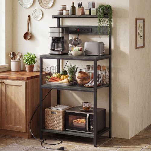 OLIXIS Standing Bakers Rack with Power Outlet, 23.6 Inch Microwave Stand | Kitchen Storage Rack, 3 Adjustable Shelves, Coffee Bar Organizer, Small Appliances, Space Saver, Grey - color: Grey, size: 23.6 Inch