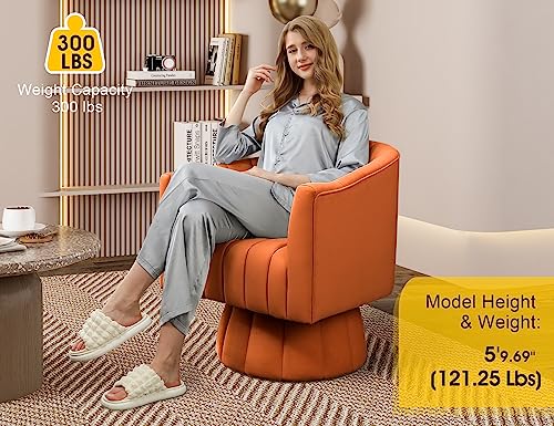 Dewhut Swivel Barrel Accent Chair, Velvet Reading Armchair, Orange, Set 1 | Mid Century Style, Modern Round ArmChair With 360° Swivel Base, For Living Room / Bedroom / Office - color: Orange