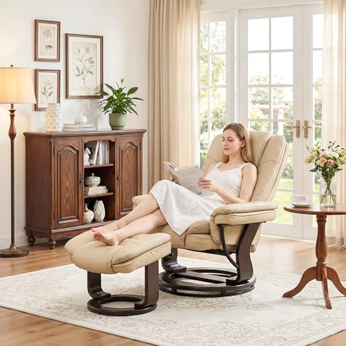 Swivel Recliner Chair with Ottoman Reclining Lounge Sofa Footrest, Set of 1 | 360°Sturdy Wood Base, Soft Faux Leather, Upholstered Ultra-Plush Foam, Modern Armchair, Living Room Bedroom Office Reading - color: Beige, size: Set of 1