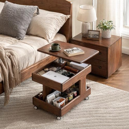 Small Lift Top Coffee Table with Wheels, Solid Wood Table with Storage | Lift top coffee table with hidden storage, rotating tabletop and wheels, designed for small spaces with no assembly required. - color: Walnut
