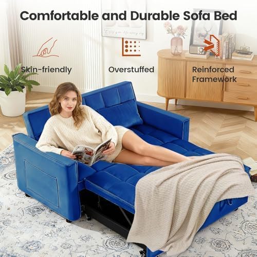 Sleeper Sofa Bed with Adjustable Backrest & Side Pockets, Blue | Adjustable Backrest & Side Pockets,Pull Out Sofa,Comfortable Fabric - color: S-blue-4pa