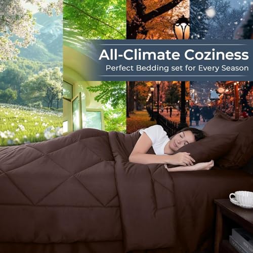 7-Piece Oversized Queen Comforter Set, Brown | Reversible, All-Season, Soft, 7 Piece Set, All-Season Reversible Bed in a Bag, Flat Sheet, Fitted Sheet, Pillowcases - color: Brown, size: Oversized Queen