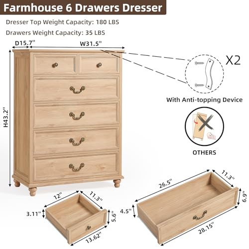 Joaxswe Farmhouse 6 Drawer Dresser Set of 2 for Bedroom, 42" Tall Rustic Chests of Drawers w/ 4 Solid Wood Feet, Mid Century Vintage Wooden Closet Storage Dressers Organizer for Living Room,Natural - color: Natural, size: 15.7"D x 31.5"W x 42.3"H (6 Drawe