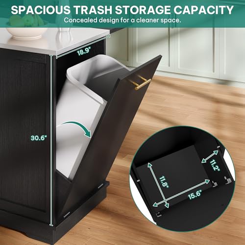 YITAHOME Kitchen Island with Seating | 47" Mobile Storage Island with Trash Can, Drop Leaf & Stainless Steel Countertop, 2 Stools, Spice Rack, Black