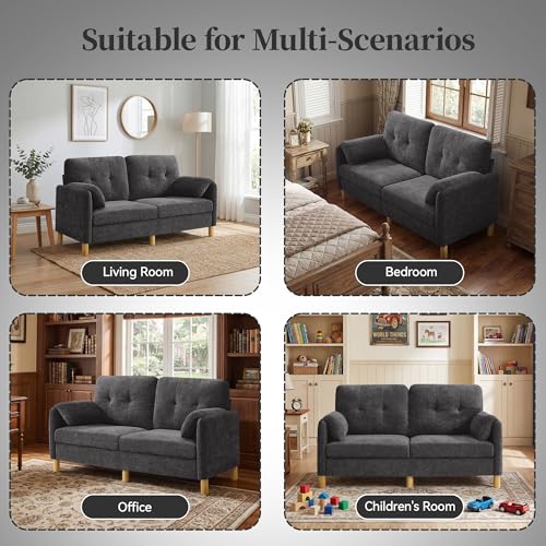 Mid Century Modern Couch, 65" Loveseat Sofa, Dark Grey | Storage Pockets, Upholstered Small Loveseat for Small Spaces, Bedroom, Home Office, Apartments - color: Dark Grey