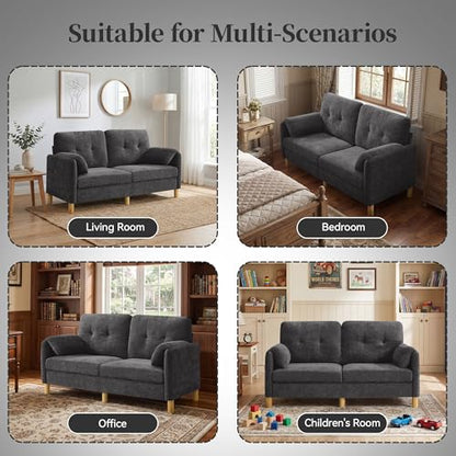 Mid Century Modern Couch, 65" Loveseat Sofa, Dark Grey | Storage Pockets, Upholstered Small Loveseat for Small Spaces, Bedroom, Home Office, Apartments - color: Dark Grey