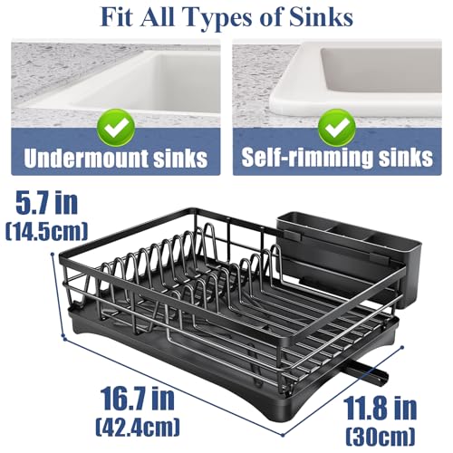SNTD Dish Drying Rack for Kitchen Counter, 11.8" W x 16.7" L, Black | Rustproof Stainless Steel, Large Capacity, Self-Draining Drainboard, Rotating Spout, Removable Utensil Holder - color: Black
