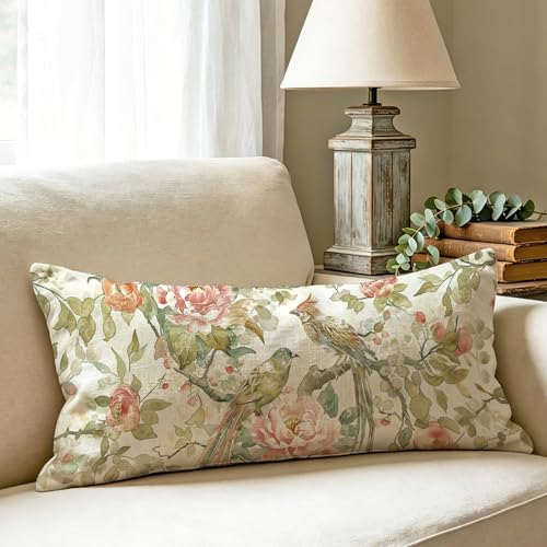 Fahrendom Vintage Floral Bird Lumbar Pillow Cover 14x36 inch | Cottagecore Decorative Throw Pillow Case Watercolor Peony Farmhouse Cushion Cover for Couch Sofa Bed Living Room - color: Vintage Bird Flower, size: 36" x 14" (Pack of 1)