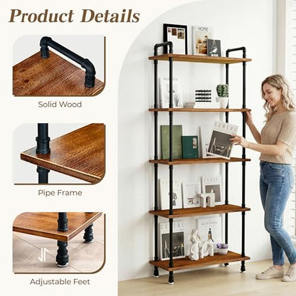 Industrial Bookshelf, Pipe Shelf Bookcase, 5 Tier, 30" Rustic Brown | Solid pine shelves, 30 inch wide, black pipe frame, 35 lbs per shelf, open bookcase for books, plants, office - color: Rustic Brown, size: 30"L × 70"H