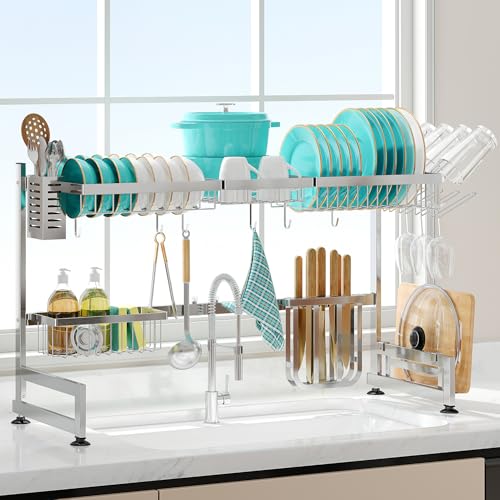 2 Tier Extra Large Stainless Steel Over The Sink Dish Drying Rack | Rust Proof Metal, Expandable Kitchen Sink Drainer, Counter Space Saving, Heavy Duty, Modern Silver, Multifunctional Storage - color: Silver, size: Over Sink 2 Tier