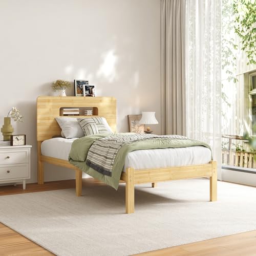 12 Inch Bamboo Platform Bed Frame Twin Size, Sturdy Bed Frame with Bamboo Frame & Iron Slats, Noise-Free Mattress Foundation No Box Spring Needed, Easy Assembly - color: Natural, size: Twin, style: 12 INCH