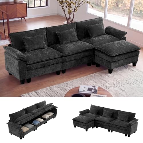 118" Modular Sectional Sofa with Storage, L-Shaped Cloud Couch | Deep Seat, Moveable Ottoman, Throw Pillows, Sofa Sleeper, Cloud Comfort Couches for Living Room Bedroom, Chenille Black - color: Black, size: 118" - 4 Seat L