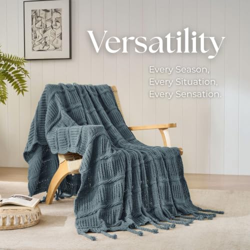 Boho Knitted Chenille Blanket with Tassels - Lightweight & Soft All-Season Throw - 3D Classic Pattern for Living Room Bedroom Couch, Celestial Blue, Twin 60"x80" - color: Celestial Blue, size: Twin