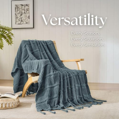 Boho Knitted Chenille Blanket with Tassels - Lightweight & Soft All-Season Throw - 3D Classic Pattern for Living Room Bedroom Couch, Celestial Blue, Twin 60"x80" - color: Celestial Blue, size: Twin