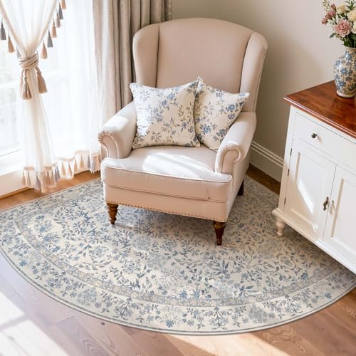 jinchan 5x5 Washable Corner Area Rug, Soft Floral Non-Slip, Blue/Cream | Low-Pile, Aesthetic Carpet for Entryway Bedroom Kids Room Kitchen College Dorm - color: Blue/Cream, size: 5' x 5' (Corner)