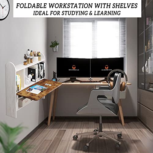 Wall Mounted Drop-Leaf Table, Floating Laptop Desk, Folding Table with Shelves, Multifunctional Computer Workstation with Storage Compartments in Home Office for Space Saving (Grayish White) - color: Grayish White
