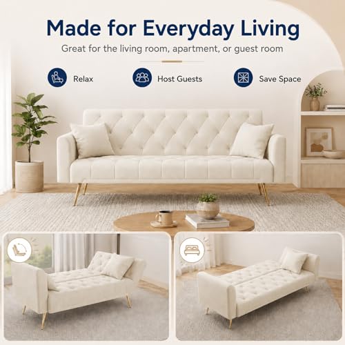 Majnesvon 71" Convertible Folding Sleeper Sofa Couch,Modern Velvet Loveseat Sleeper with 2 Pillows, Futon Sofa Bed with Mattress and Frame for Living Room,Bedroom,Small Space (Beige) - color: Beige