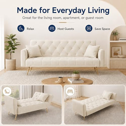 Majnesvon 71" Convertible Folding Sleeper Sofa Couch,Modern Velvet Loveseat Sleeper with 2 Pillows, Futon Sofa Bed with Mattress and Frame for Living Room,Bedroom,Small Space (Beige) - color: Beige