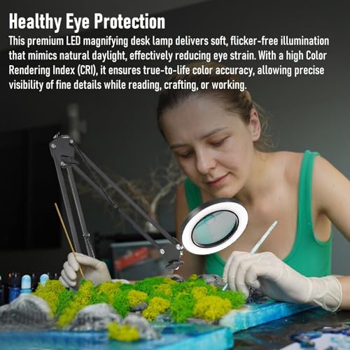 10X Magnifying Lamp with Light, HD Optical Glass Lens LED Desk Lamp, 3 Color Temperatures 6000K-3000K, 360° Adjustable Arm with Clamp & Stand, for Model Building, Soldering, Crafts, Reading, Manicure
