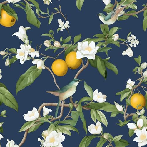 Vintage Bird Leaf Floral Wallpaper Peel and Stick 17.5" x 393",Blue | Self Adhesive/Removable/Waterproof/Thick Vinyl Contact Paper for Bathroom Bedroom Shelf Cabinet Drawer,Prepasted,Easy Peel - color: Dark Blue, size: 17.5" x 393.7"
