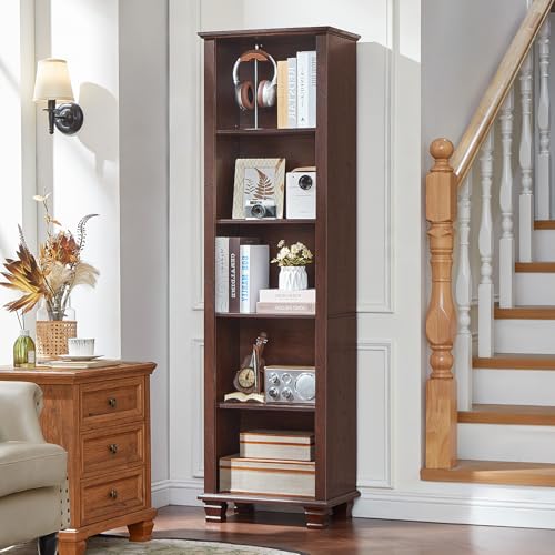 70" Tall Narrow Book Shelf, 5-tire Bookshelf with Adjustable Shelves & Solid Wood Legs, Farmhouse Freestanding Bookcase with Open Storage, Wood Book Case for Office, Living Room, Walnut - color: Walnut
