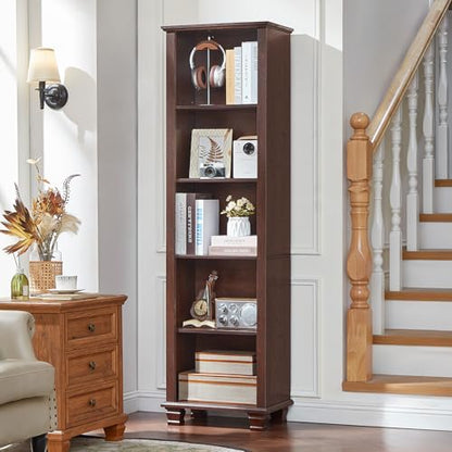 70" Tall Narrow Book Shelf, 5-tire Bookshelf with Adjustable Shelves & Solid Wood Legs, Farmhouse Freestanding Bookcase with Open Storage, Wood Book Case for Office, Living Room, Walnut - color: Walnut