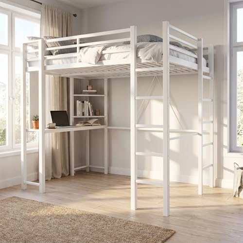 Loft Bed Full Size with Desk and Storage, Metal Full Size Loft Bed Frame with Dual Ladders, Safety Guard Rail, Space Saving Bed with Study Desk for Small Room, Teens Adults, Snowy White