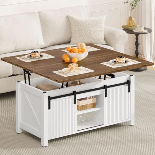 Lift Top Coffee Table, 4 in 1 Convertible Coffee Table, Farmhouse Coffee Tables, with Hidden Compartments, with Sliding Doors, for Living Room, Apartment, White and Walnut MKF01WL - color: White + Walnut