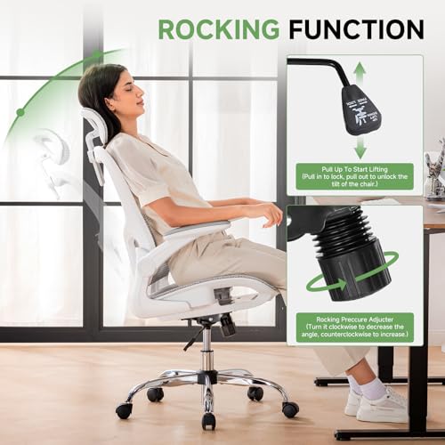 GTPLAYER Office Chair, Home Ergonomic Desk Chair with High Back Mesh, Mesh Office Computer Desk Chairs with Adjustable Lumbar Support, Rolling Work Swivel Task Chairs with 3D Armrests and Headrest - color: White