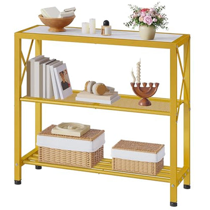 Hoctieon Industrial Console Table, 3 Tier Entryway Table, Metal Frame, Sofa Tables with Shelf, Hallway Desk, Entrance Tables for Entryway, Living Room, Foyer, Hallway, Gold and White - color: Gold&white, size: 1 Pack