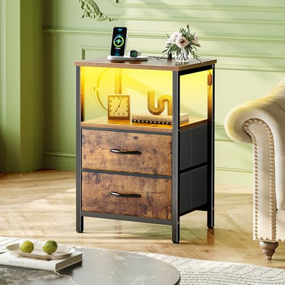 Huuger Night Stand with Charger Station and LED Lights, 2 Drawer Nightstand | Bed Side Table with Open ShelfEnd TableFabric Dresser for Bedroom, Rustic Brown - color: Rustic Brown, size: 11.8"D x 15.7"W x 23.6"H（2 Drawers）