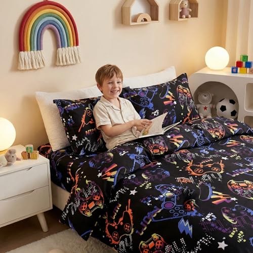 JSD Black Gaming Kids Duvet Cover Set Twin Size | 2 Piece Soft Printed Microfiber Duvet Cover with Pillow Sham Zipper Closure, Comforter Not Included, Oeko-Tex Certified - color: Black Gamer, size: Twin