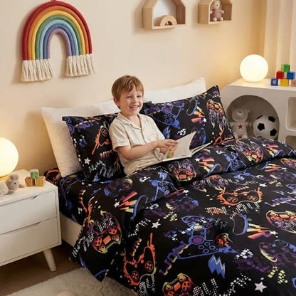 JSD Black Gaming Kids Duvet Cover Set Queen Size | 3 Piece Soft Printed Microfiber Duvet Cover with Pillow Shams Zipper Closure, Comforter Not Included, Oeko-Tex Certified - color: Black Gamer, size: Queen
