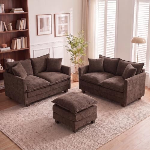 50'' Loveseat Sofa Set with Ottoman, Small Couch Set 2 Piece Cloud Love Seat 27" Deep Seat Washable Pillows Couches for Small Spaces Apartment Living Room, Brown - color: Brown, size: 50"+50"L