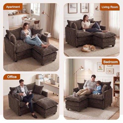 50'' L-Shape Loveseat Sofa with 22" Ottoman, 2 Seat Modern Cloud Couch with 2 Washable Pillows for Small Space Apartment Office Living Room Bedroom, Brown - color: Brown, size: 50"L